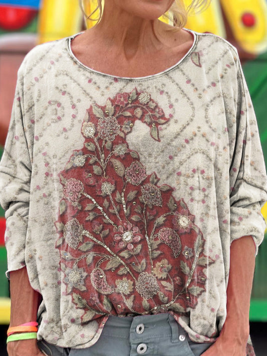 Women's Ethnic Paisley Floral Art Pattern Print Casual Long Sleeve T-s