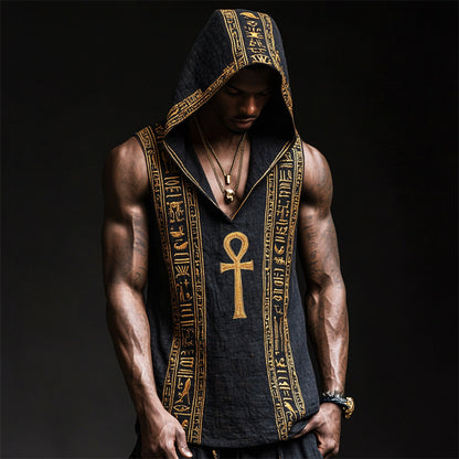 Men's Ankh Ancient Egyptian Embroidered Hooded Linen Tank artswardrobe