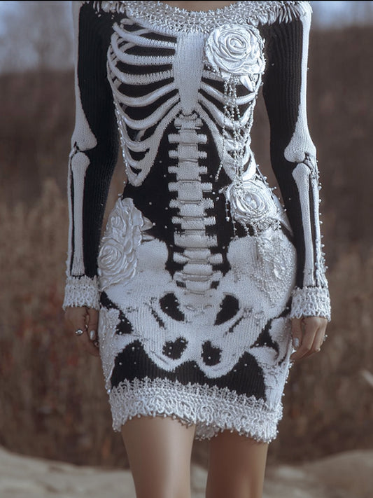 Women's Halloween Anatomy Art Gothic Knitted Round Neck Dress artswardrobe