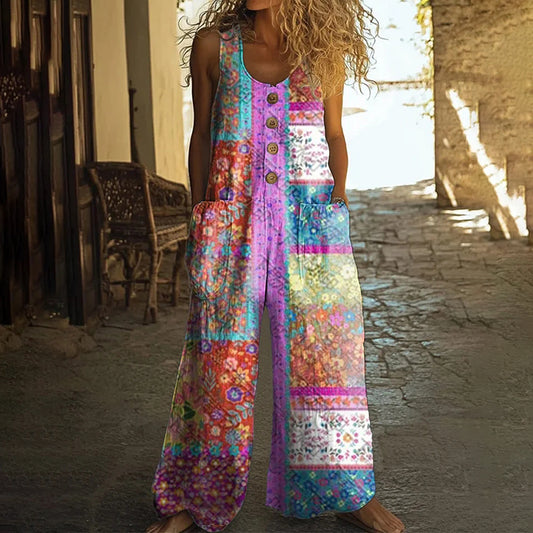 Women's Floral Patchwork Pattern Art Print Casual Jumpsuit artswardrobe