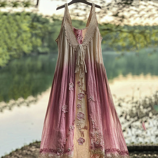 Comstylish Retro Gradient Japanese Sakura Embroidered Art Lace Linen Dress