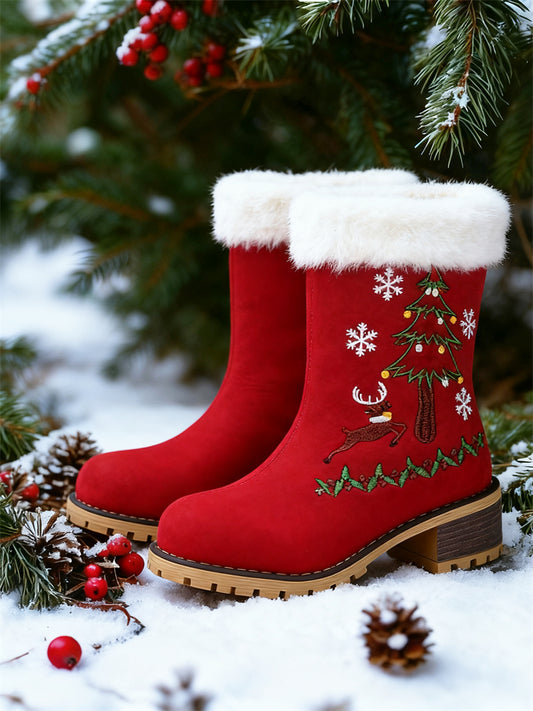Comstylish Christmas Lovely Embroidered Fur Trim Cozy Boots