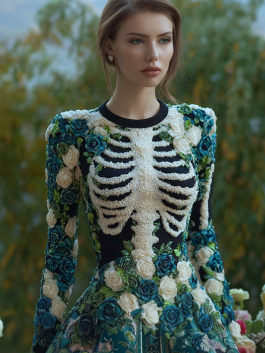Comstylish Women's Vintage Halloween Skeleton Bones With Rose Art Cozy Knit Mini Sweater Dress