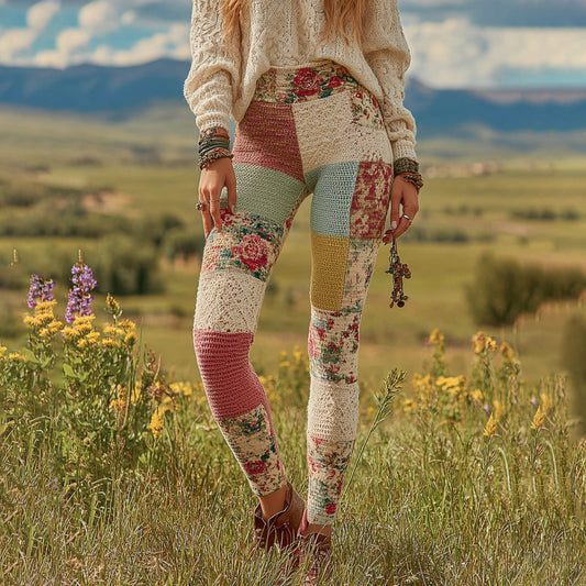 Comstylish Women's Patchwork Floral Art Cozy Knit Leggings