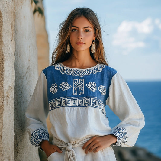 Vintage Greek Key Cretan Embroidery Linen Contrasting Colors T-shirt artswardrobe
