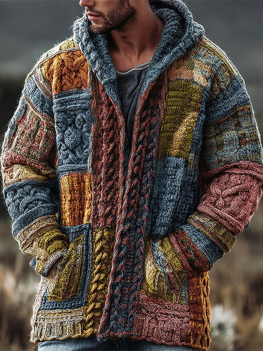 Vintage Geometric Patchwork Men's Chunky Knit Hooded Cardigan artswardrobe