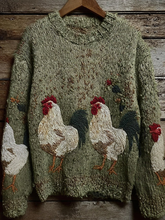 Comstylish Vintage Roosters Embroidered Crew Neck Cozy Knit Sweater