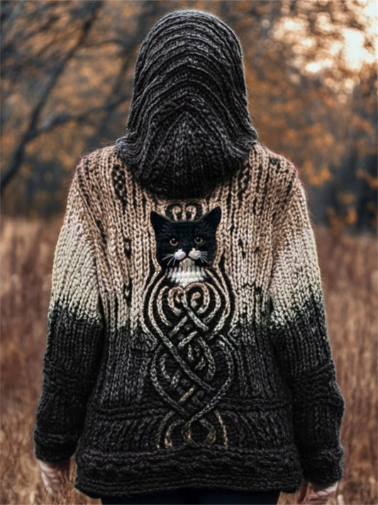 Lovely Cat Mystical Gradient Celtic Chunky Hooded Cardigan artswardrobe