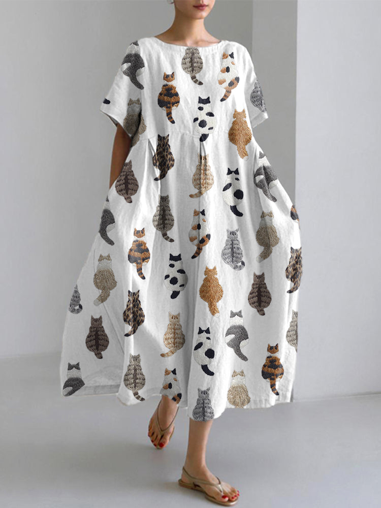 Comstylish Cute Cats Embroidery Pattern Linen Blend Dress