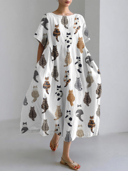 Comstylish Cute Cats Embroidery Pattern Linen Blend Dress