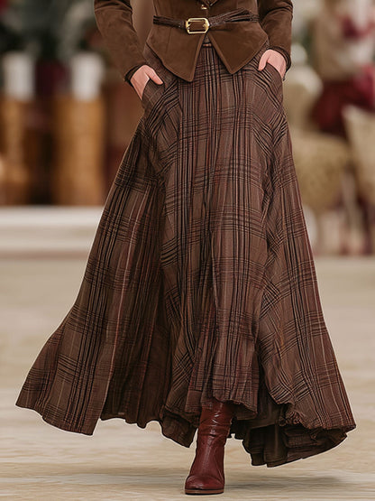 Retro Brown Plaid Double Pocket Elastic Waist Skirt