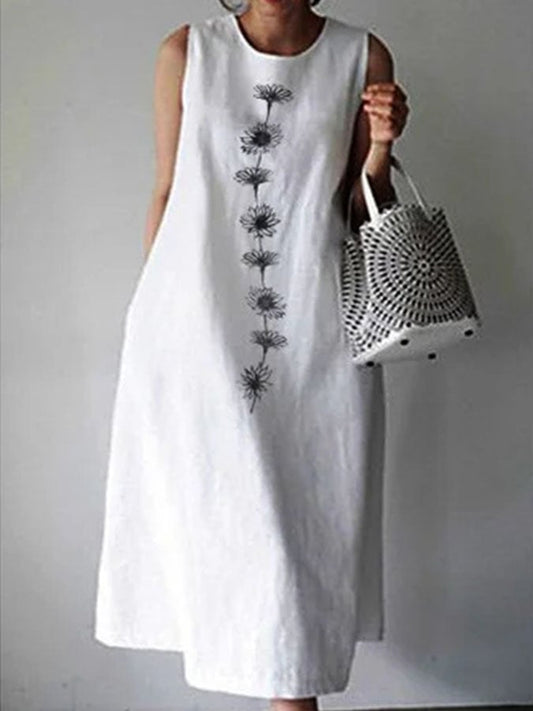 Ladies Cotton Linen Print Dress