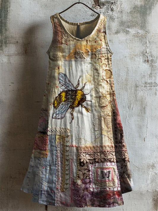 Cottage Bee Embroidered Floral Textile Linen Tank Dress artswardrobe