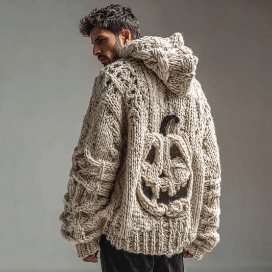 Men's Spooky Pumpkin Pattern Knitted Warm Zip Hooded Cardigan Sweater artswardrobe