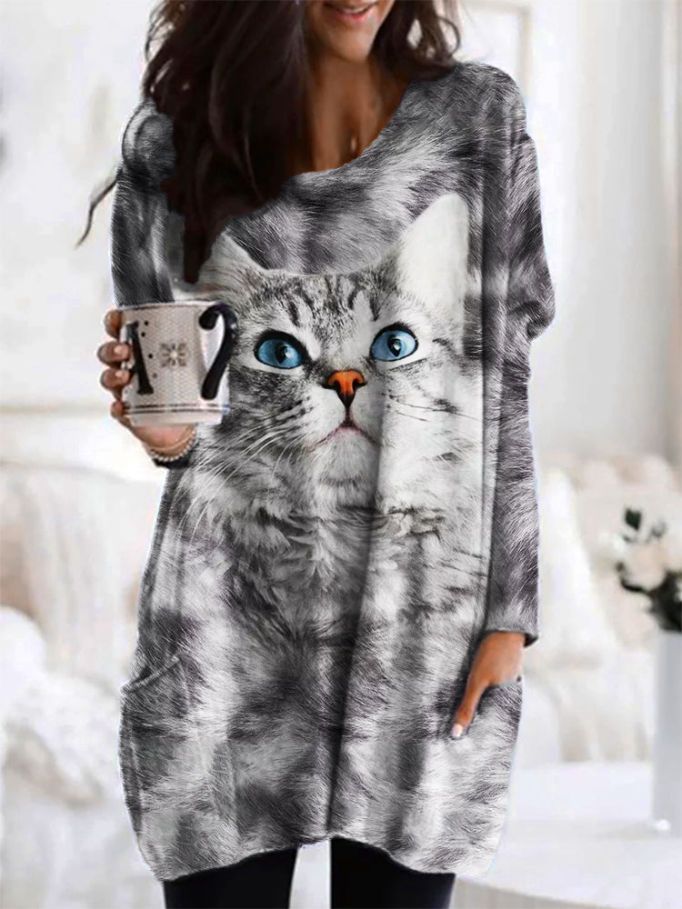 Cute Gray Cat Print Women's Long T-Shirt elevenforest
