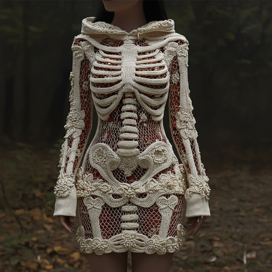 Women's Halloween Skull Sequin Art Knitted Warm Hooded Mini Skirt artswardrobe
