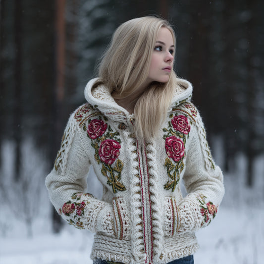 Comstylish Viking Style Celtic Knot Rose Hooded Cardigan Sweater