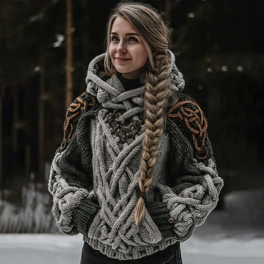 Women's Vintage Celtic Knot Art Knit Color Block Cozy Hooded Sweater artswardrobe