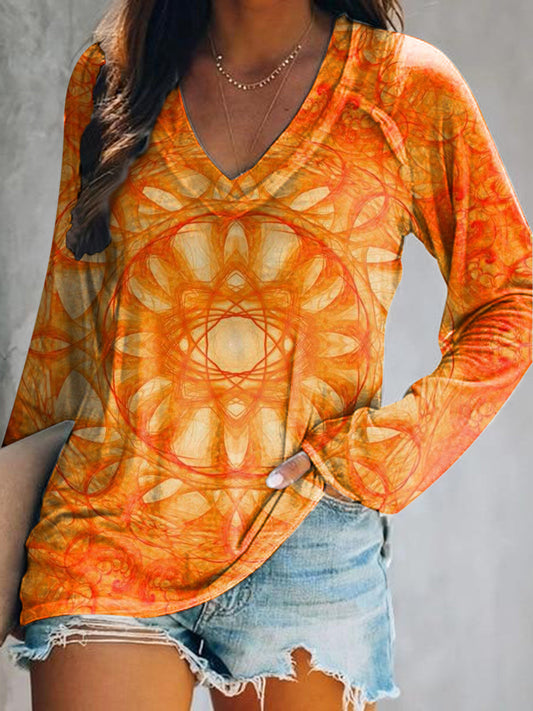 Women's Casual Vintage Datura Floral Art Print V Neck Long Sleeve Tops