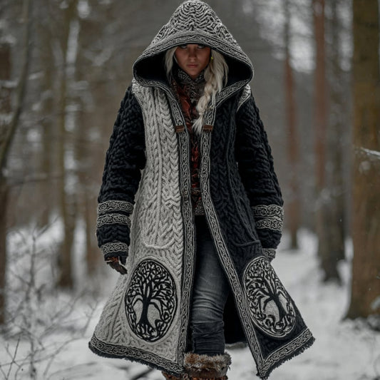 Women's Viking Style Tree Of Life Celtic Knot Vintage Black And White Color Long Hooded Cardigan Sweater