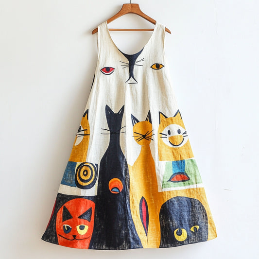 Fun Cat Geometric Art Flowy Linen Tank Dress artswardrobe