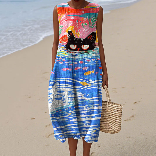 Abstract Creative Oil Cat Painting Art Linen Tank Dress artswardrobe