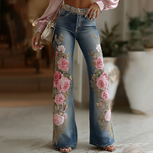 Women's Vintage Rose Floral Embroidery Art Casual Loose Jeans artswardrobe