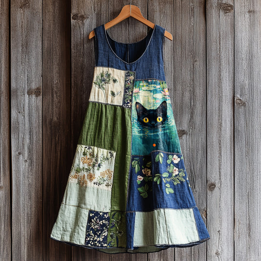 Comstylish Women's Retro Cute Black Cat Patch Work Sleeveless Dress