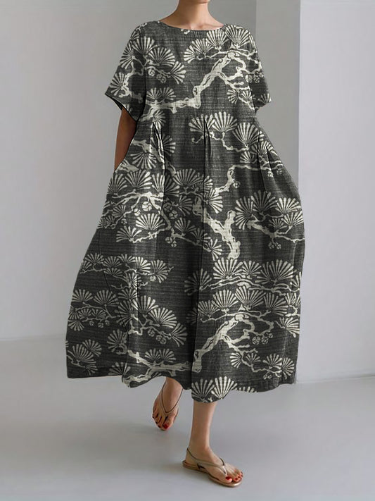 Comstylish Pine Trees Japanese Lino Art Flowy Linen Blend Maxi Dress