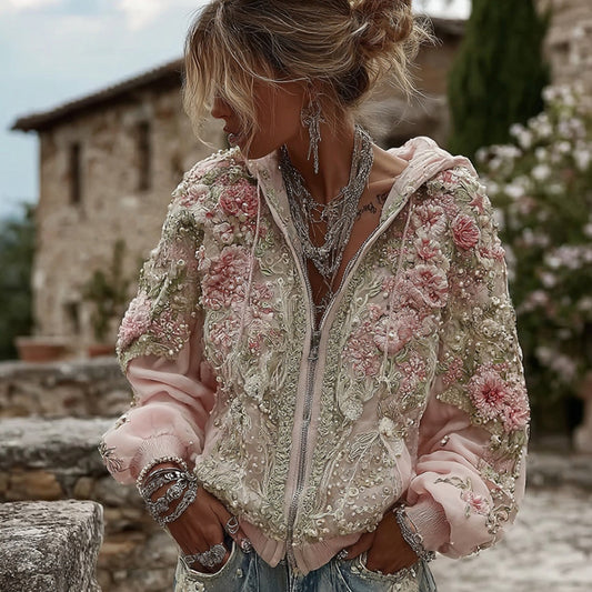 Women's Vintage Flowers Embroidery Art Casual Zip Up Hoodie