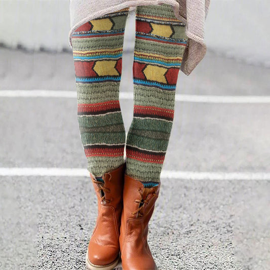 Vintage Geometric Stripes Knit Pattern Comfy Leggings elevenforest