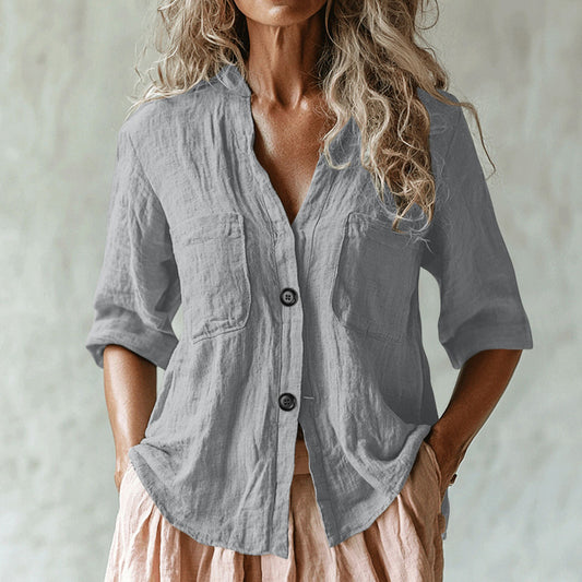 Women's Vintage Solid Color Multiple Pockets Linen Shirt artswardrobe