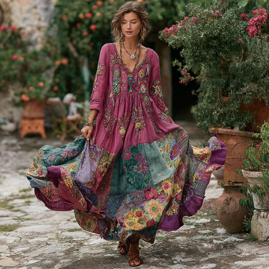 Women's Retro Flower Embroidery Patchwork Art V-neck Long Sleeve Maxi Dress artswardrobe