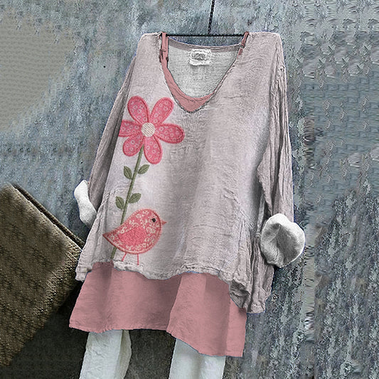 Comstylish Women's Floral And Bird Pattern Cotton And Linen V-neck Shirt