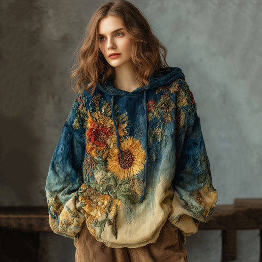 Women's Vintage Oil Painting Flower Art Print Casual Hoodie