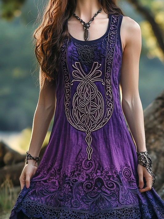 Vintage Lace Celtic Totem Printed Women's Linen Vest Dress artswardrobe