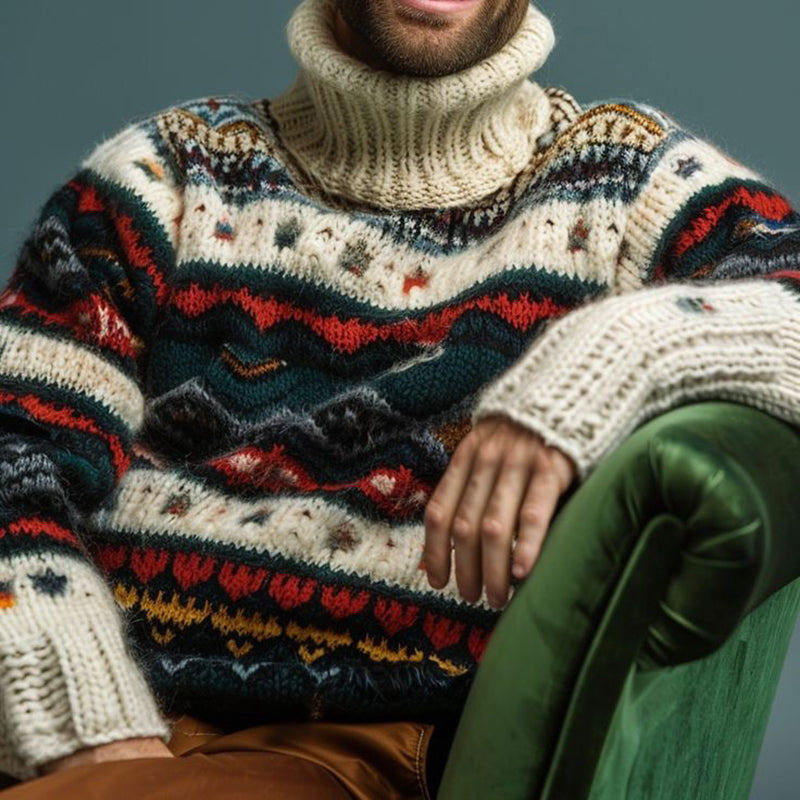 Men's Vingate Ethnic Fair Isle Jacquard Knit Turtleneck Sweater artswardrobe