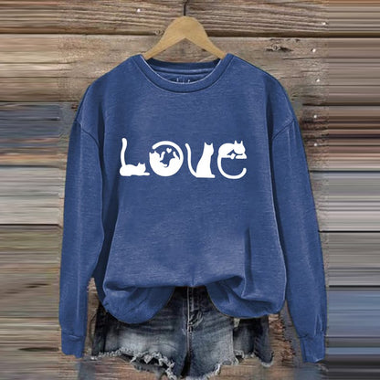 Cat Love Printed Round Neck Casual Sweatshirt elevenforest