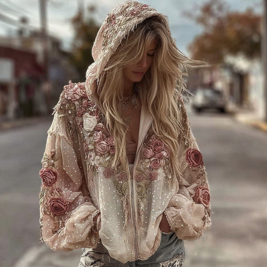 Comstylish Women's Vintage Floral Art Embroidered Zipper Hoodie