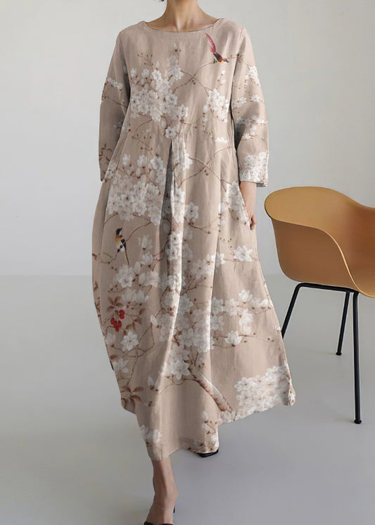 Comstylish Vintage Bird In Floral Tree Round Neck Long Sleeve Midi Dress
