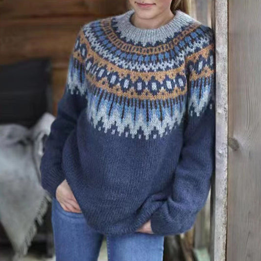 Retro Contrast Color Round Neck Long Sleeve Sweater elevenforest