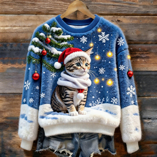 Comstylish Christmas Cat Art Women's Cozy Plush Sweater