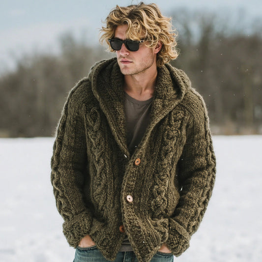 Men's Vintage Fairman Island Cable Knit Warm Buttons Hooded Sweater Cardigan artswardrobe