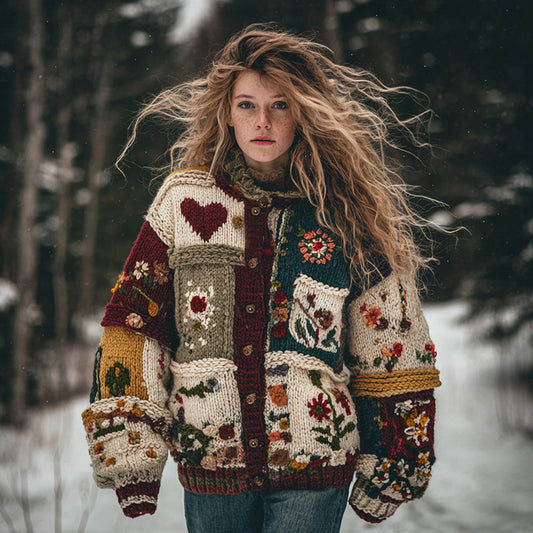 Comstylish Floral Heart Patchwork Button Warm Cardigan Sweater