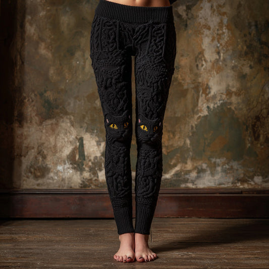 Cute Black Cat Face Embroidered Cozy Knit Leggings