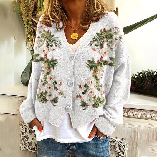 Comstylish Botanical Floral Pattern Sweater Cardigan