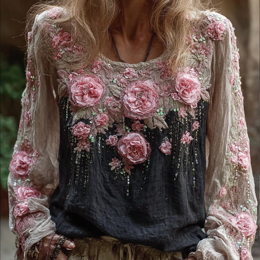 Comstylish Bohemian Embroidered Flower Vintage Casual Round Neck Black And White Long-sleeved Shirt