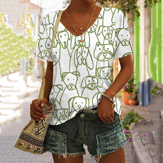 Comstylish Women's Dogs Print V Neck T-Shirt