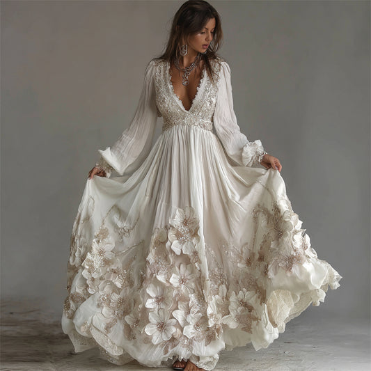 Classy Glitter Flowers Lace Linen Maxi Dress elevenforest