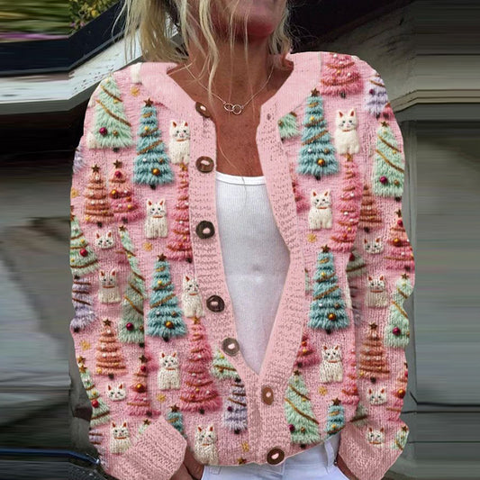 Women's Christamas Tree And Cat Print Cozy Knit Cardigan elevenforest